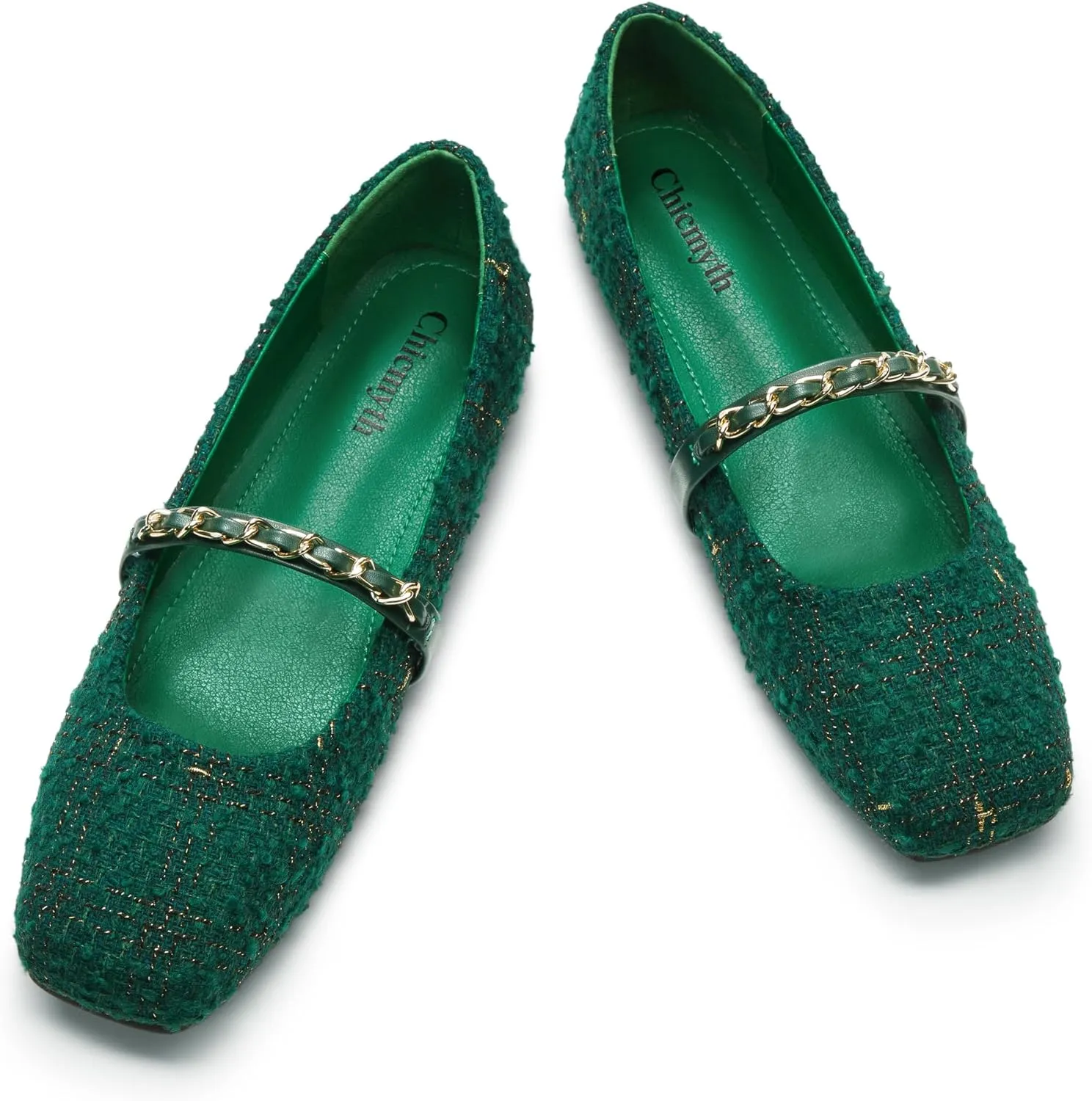 Mary Jane Flats;Square Toe Metal Chain Flats;Tweed Fabric Delicate and Elegant Women Shoes