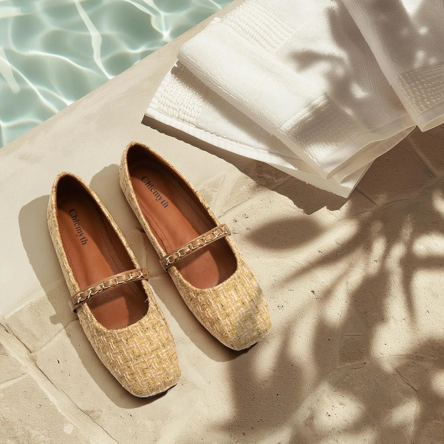 Mary Jane Flats;Square Toe Metal Chain Flats;Tweed Fabric Delicate and Elegant Women Shoes