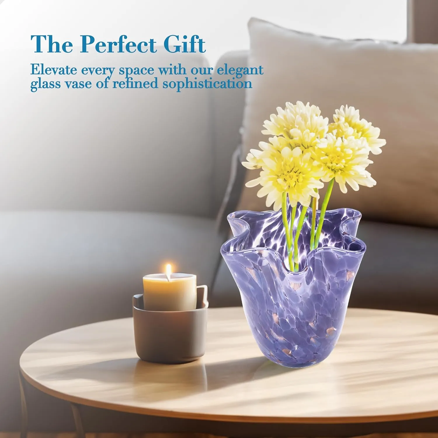 MEANT2TOBE Bud Vases - Hand Blown Glass Short Vase - 6.7x6.7x6.7-Inch Irregular Neck Design Blown Glass Decor - Green Vase with Flat Bottom for Floral Arrangements (Purple)