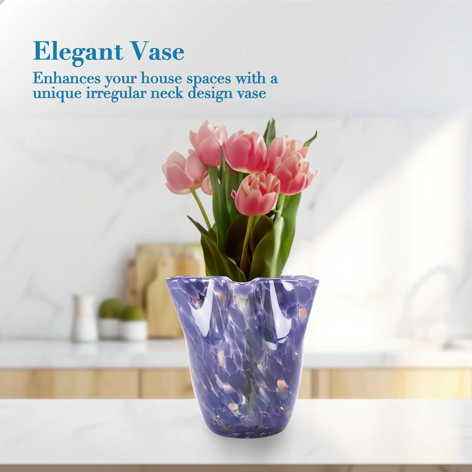 MEANT2TOBE Bud Vases - Hand Blown Glass Short Vase - 6.7x6.7x6.7-Inch Irregular Neck Design Blown Glass Decor - Green Vase with Flat Bottom for Floral Arrangements (Purple)