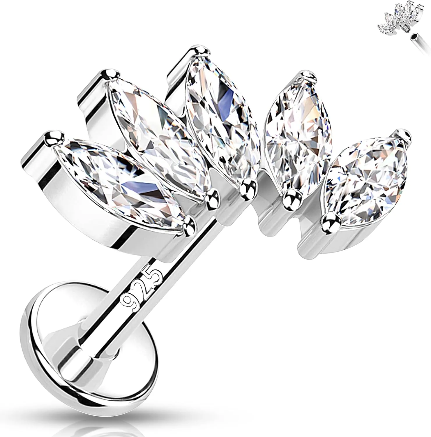 Melighting Silver Curved Cartilage Earring Sterling Silver 925 Helix Earring Internally Threaded 16G Clear CZ Silver Flat Back Earring Tragus Piercing Jewelry 6/8 mm
