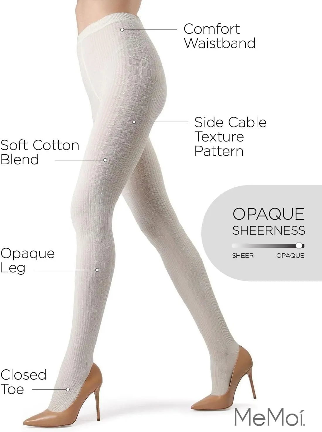 MeMoi Portland Side Cable Knit Cotton Tights for Women, Cozy and Warm Sweater Tights - Sizes Small to X-Large