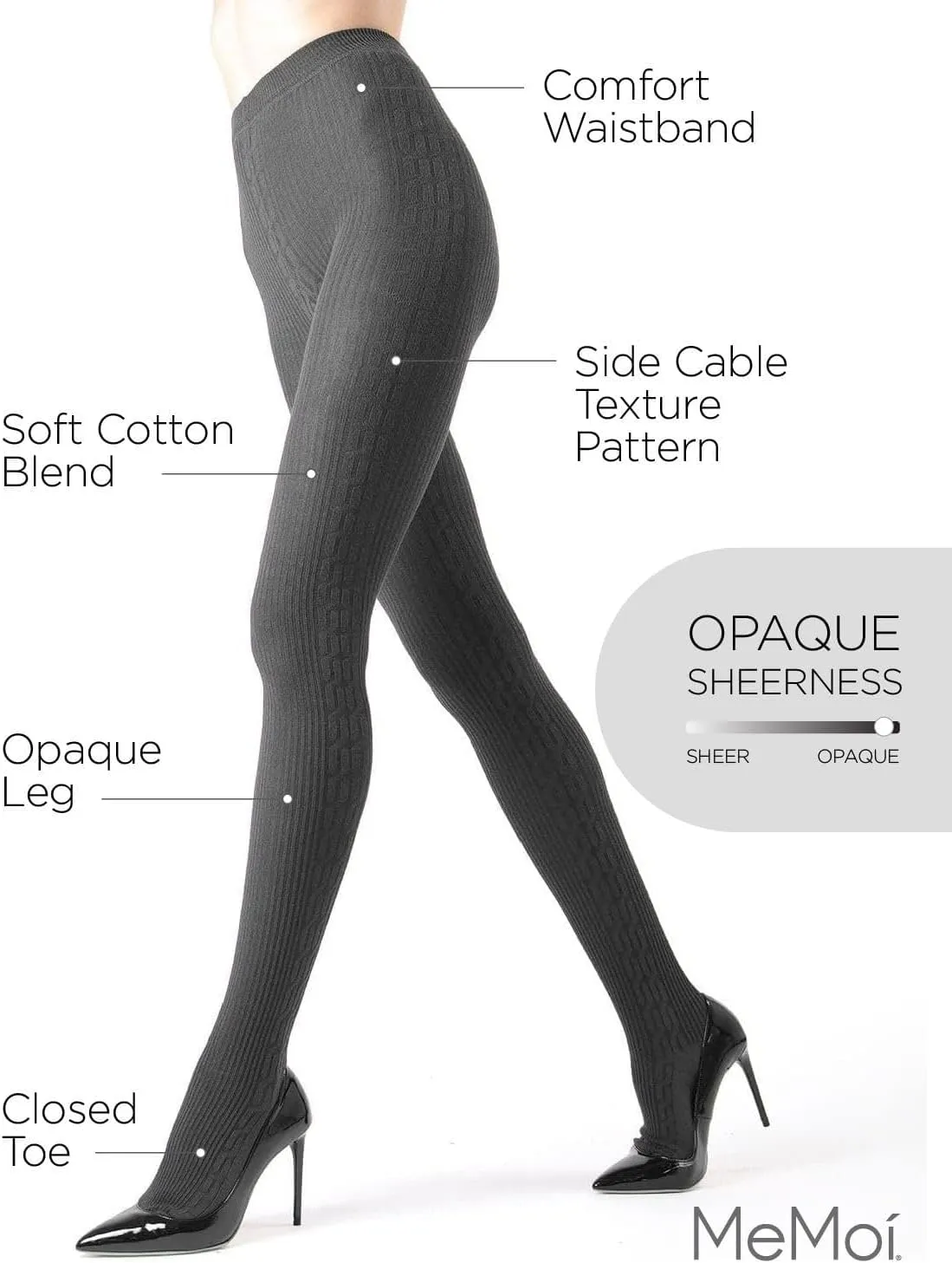 MeMoi Portland Side Cable Knit Cotton Tights for Women, Cozy and Warm Sweater Tights - Sizes Small to X-Large