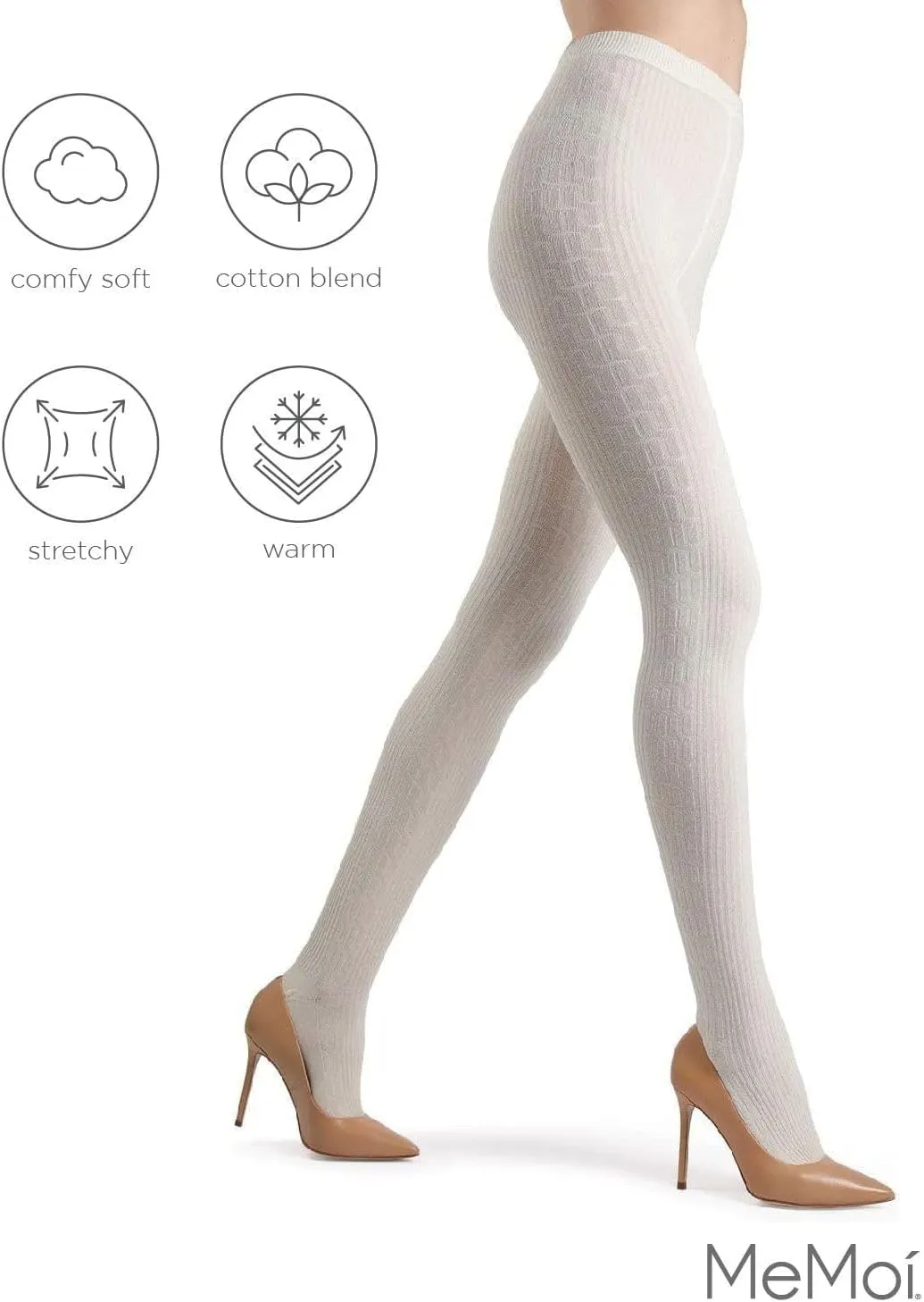 MeMoi Portland Side Cable Knit Cotton Tights for Women, Cozy and Warm Sweater Tights - Sizes Small to X-Large