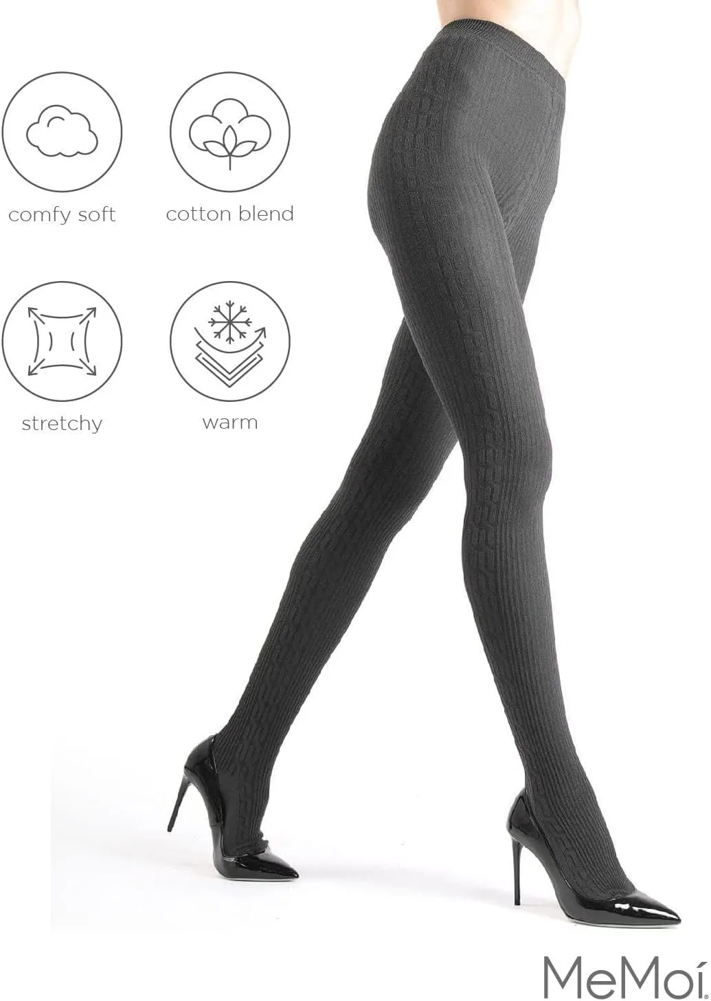MeMoi Portland Side Cable Knit Cotton Tights for Women, Cozy and Warm Sweater Tights - Sizes Small to X-Large