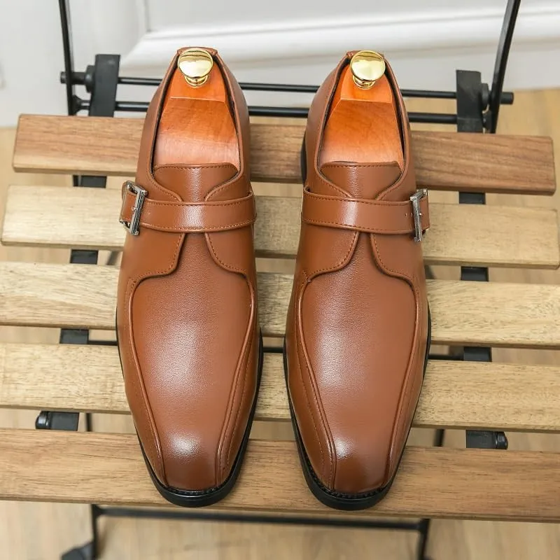 Men Monk Shoes Fashion Business Casual Cow Genuine Leather Party Black Retro Brogue Dress Flats