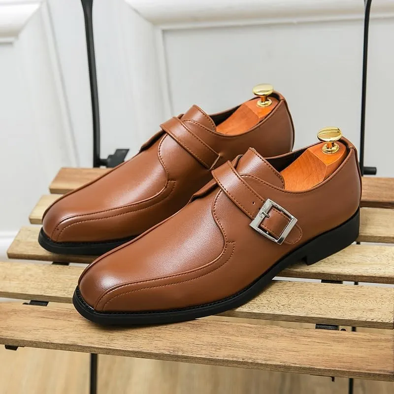 Men Monk Shoes Fashion Business Casual Cow Genuine Leather Party Black Retro Brogue Dress Flats