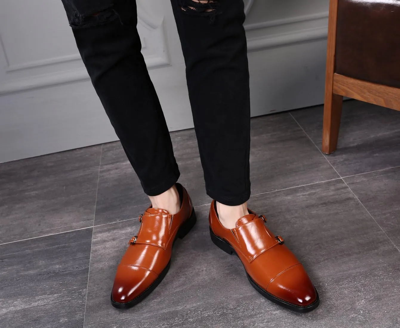 Mens Dress Shoes Italian Fashion Double Monk Strap Slip On Loafer Shoes Oxford Leather Shoes for Men