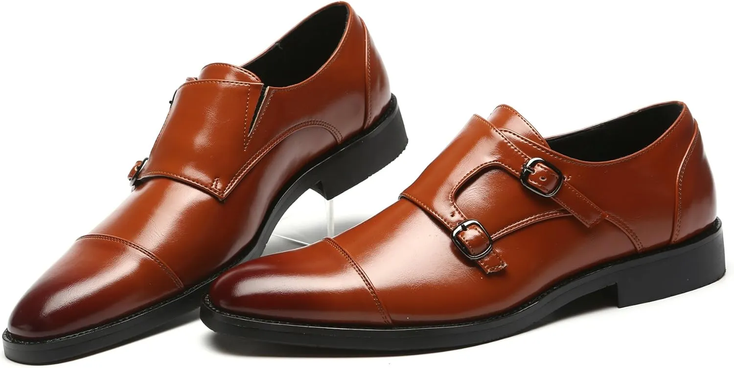 Mens Dress Shoes Italian Fashion Double Monk Strap Slip On Loafer Shoes Oxford Leather Shoes for Men