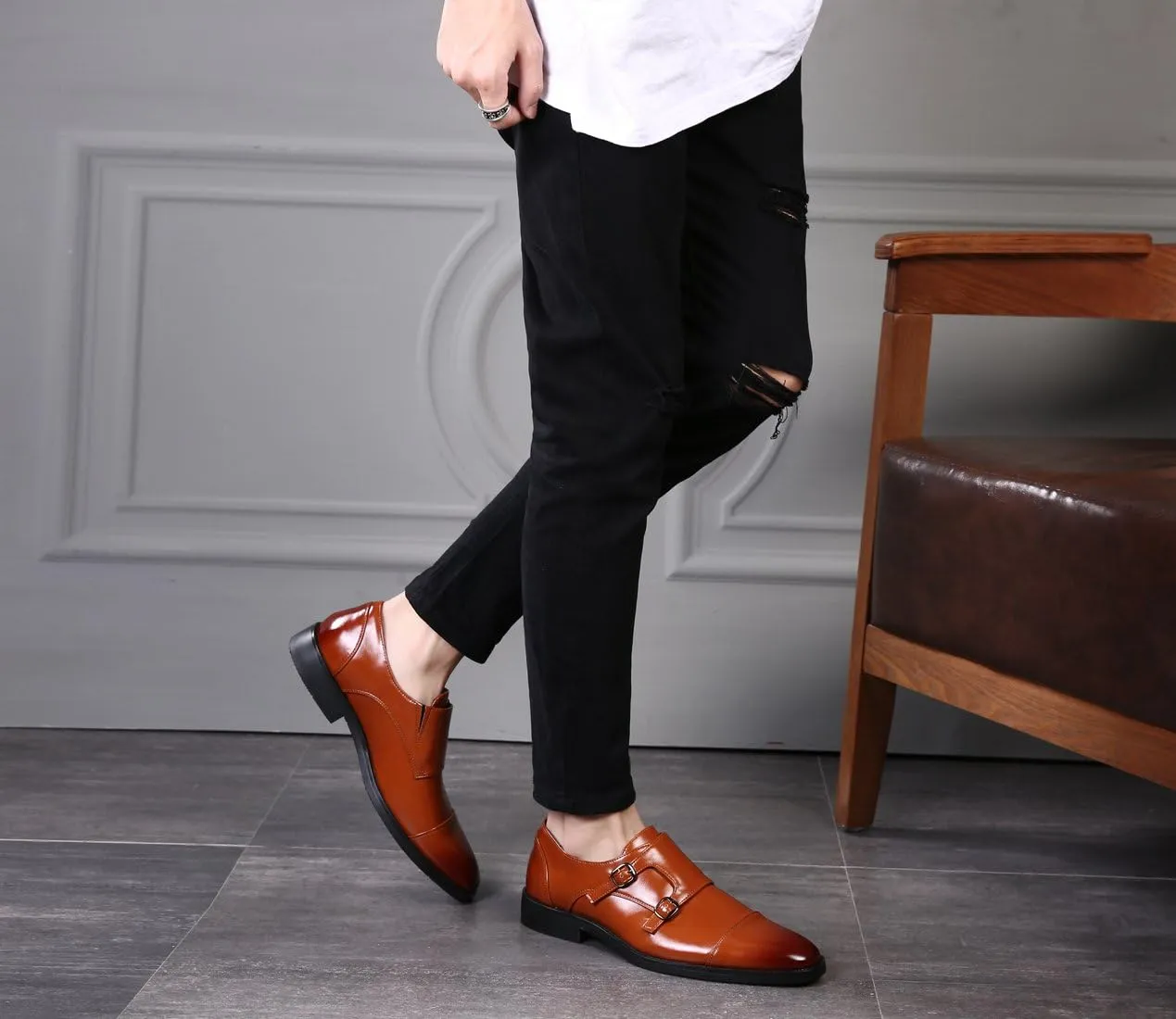 Mens Dress Shoes Italian Fashion Double Monk Strap Slip On Loafer Shoes Oxford Leather Shoes for Men