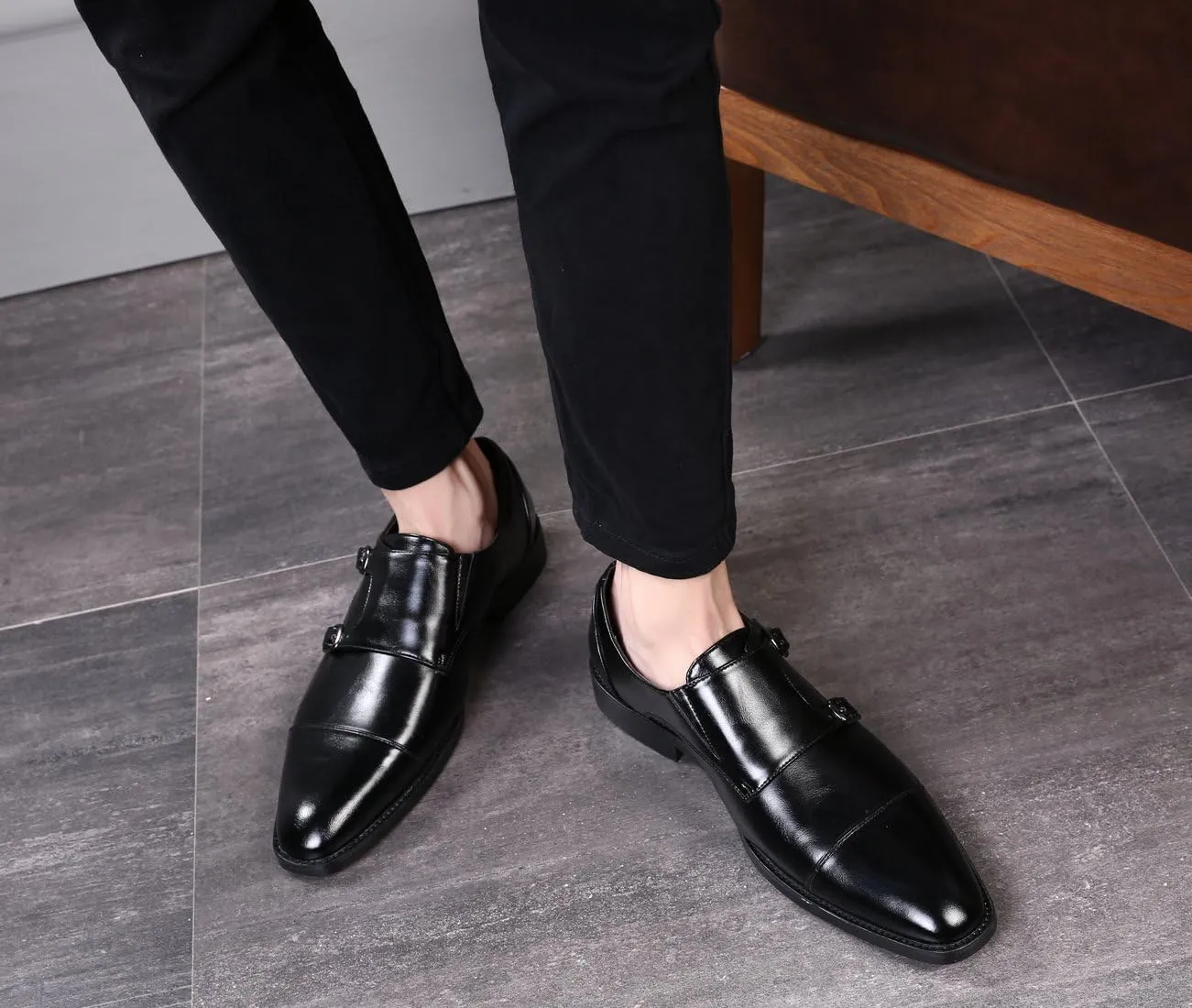 Mens Dress Shoes Italian Fashion Double Monk Strap Slip On Loafer Shoes Oxford Leather Shoes for Men