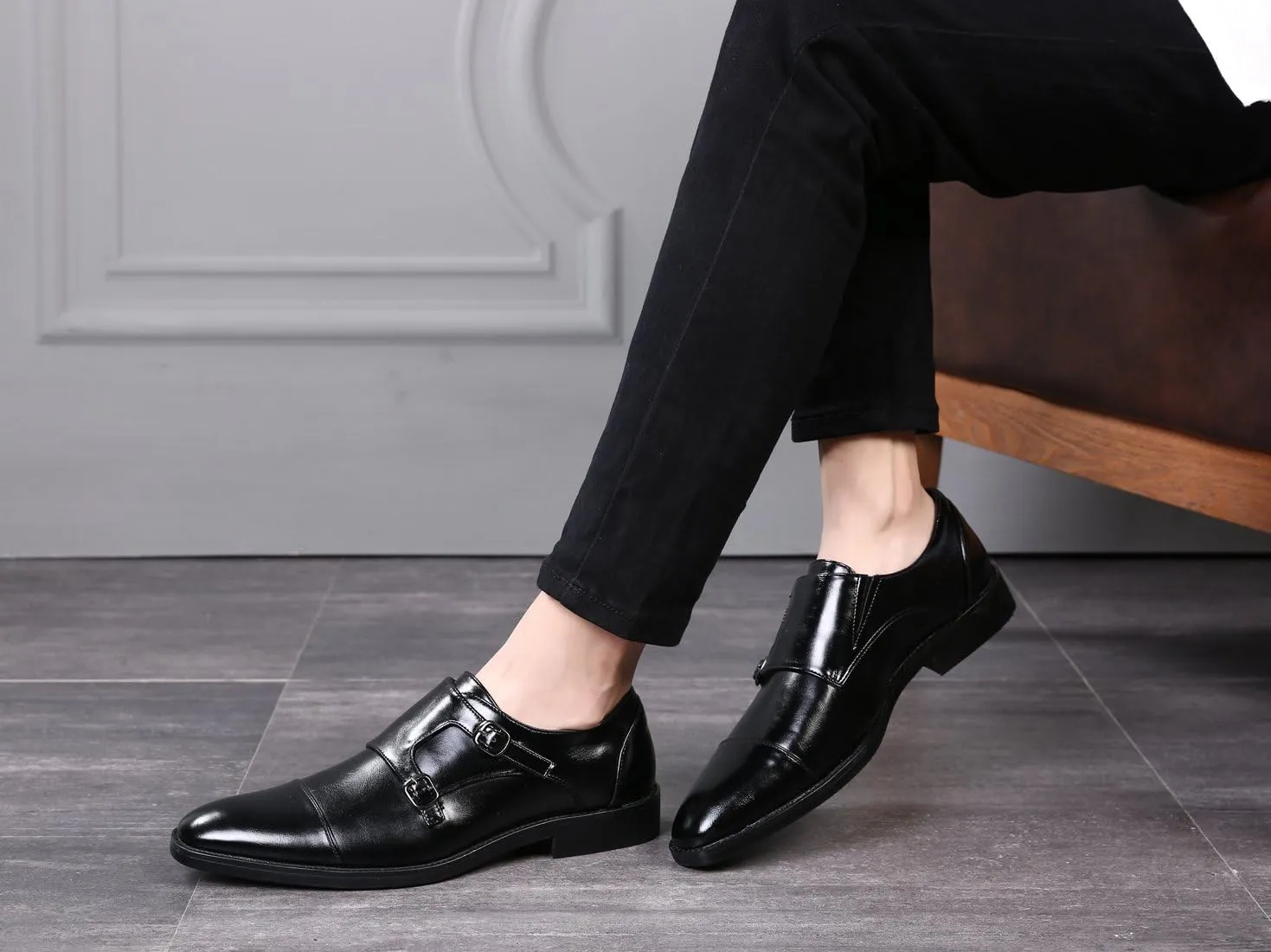 Mens Dress Shoes Italian Fashion Double Monk Strap Slip On Loafer Shoes Oxford Leather Shoes for Men