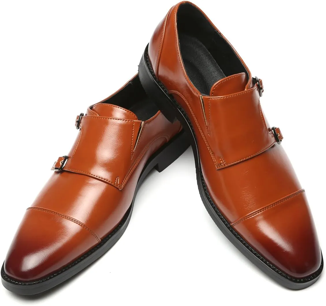 Mens Dress Shoes Italian Fashion Double Monk Strap Slip On Loafer Shoes Oxford Leather Shoes for Men