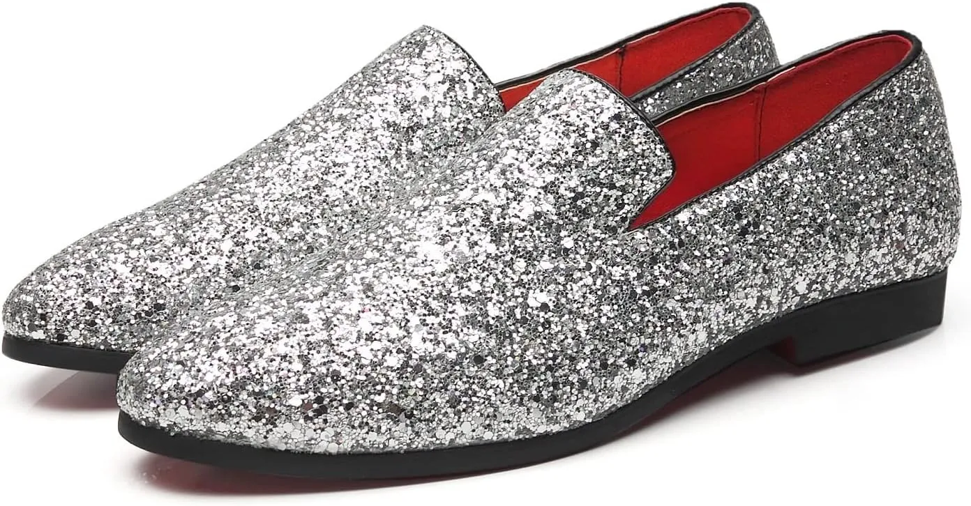 Mens Smoking Sparkling Slipper Metallic Sequins Textured Glitter Tuxedo Slip-on Prom Loafers Luxury Wedding Dress Shoes