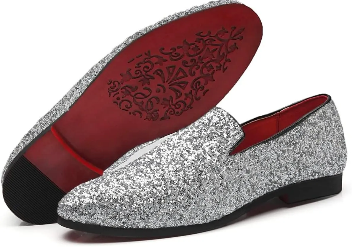 Mens Smoking Sparkling Slipper Metallic Sequins Textured Glitter Tuxedo Slip-on Prom Loafers Luxury Wedding Dress Shoes