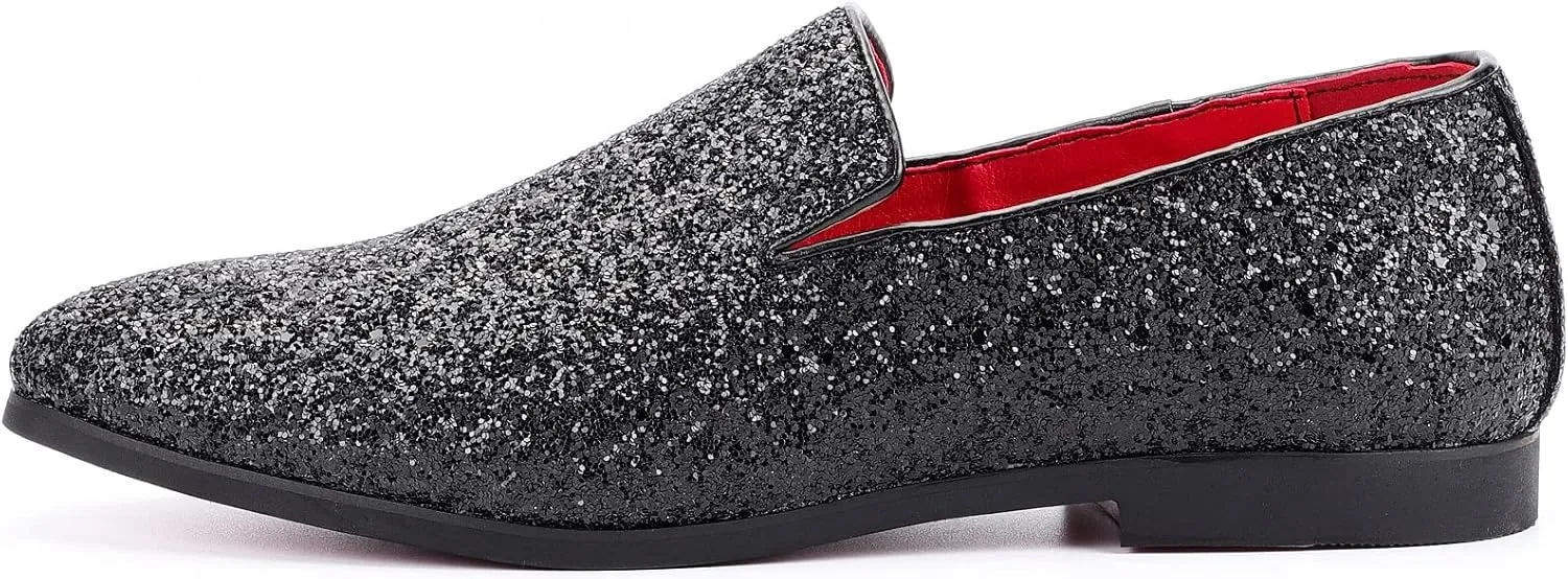 Mens Smoking Sparkling Slipper Metallic Sequins Textured Glitter Tuxedo Slip-on Prom Loafers Luxury Wedding Dress Shoes