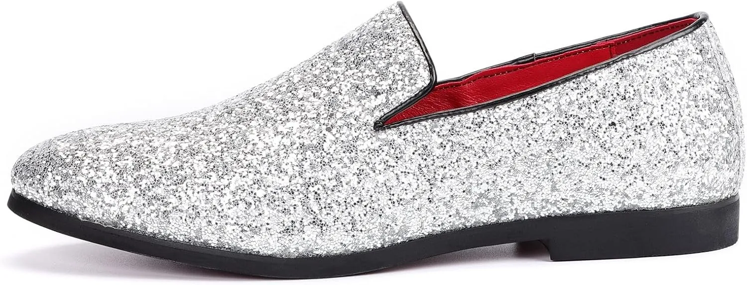 Mens Smoking Sparkling Slipper Metallic Sequins Textured Glitter Tuxedo Slip-on Prom Loafers Luxury Wedding Dress Shoes