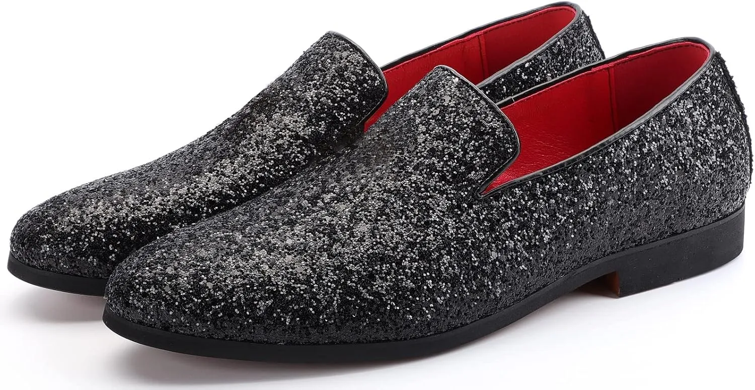 Mens Smoking Sparkling Slipper Metallic Sequins Textured Glitter Tuxedo Slip-on Prom Loafers Luxury Wedding Dress Shoes