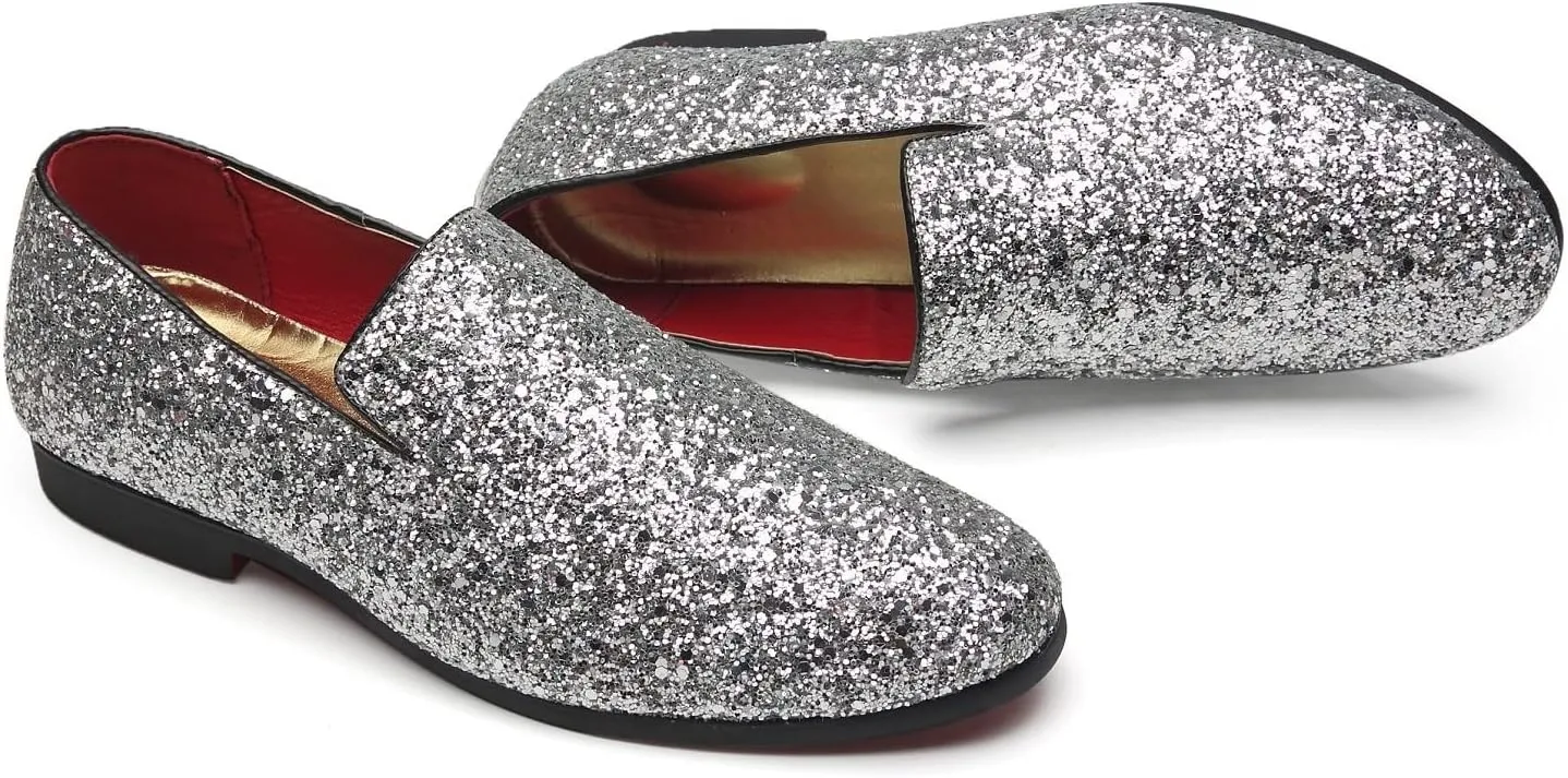 Mens Smoking Sparkling Slipper Metallic Sequins Textured Glitter Tuxedo Slip-on Prom Loafers Luxury Wedding Dress Shoes