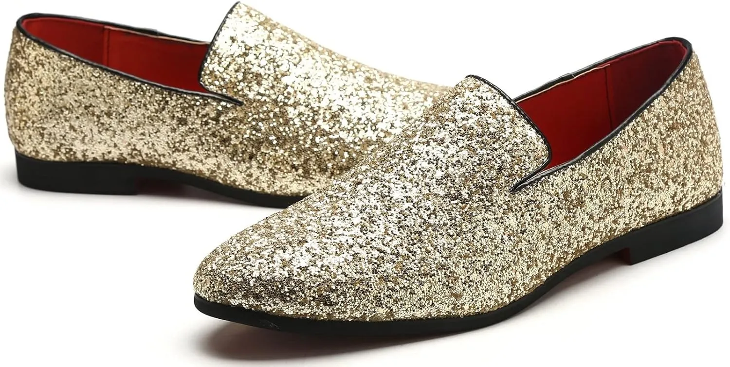 Mens Smoking Sparkling Slipper Metallic Sequins Textured Glitter Tuxedo Slip-on Prom Loafers Luxury Wedding Dress Shoes
