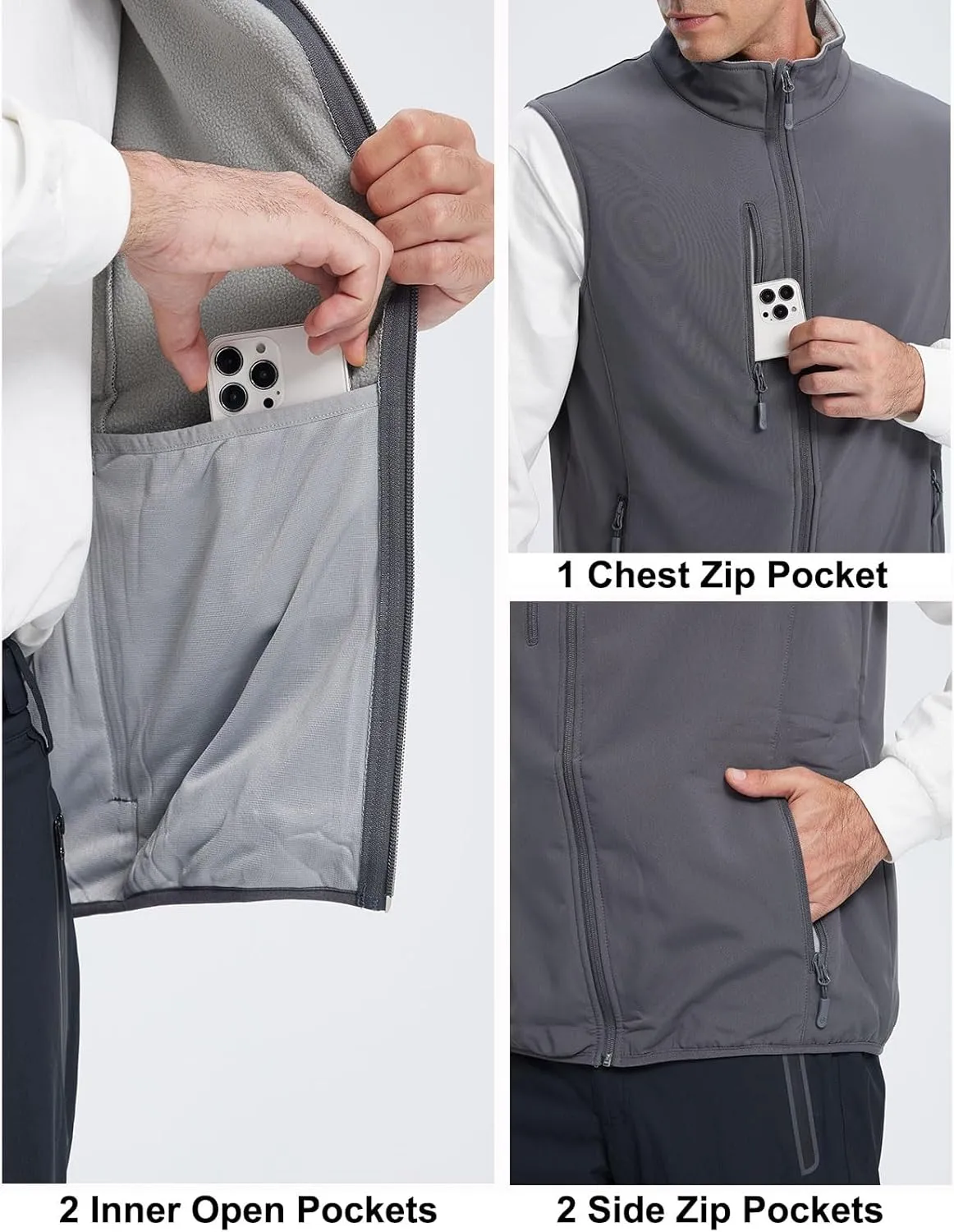 Men's Softshell Vest Fleece-Lined Windproof Sleeveless Jacket for Travel Hiking Fishing Running Golf