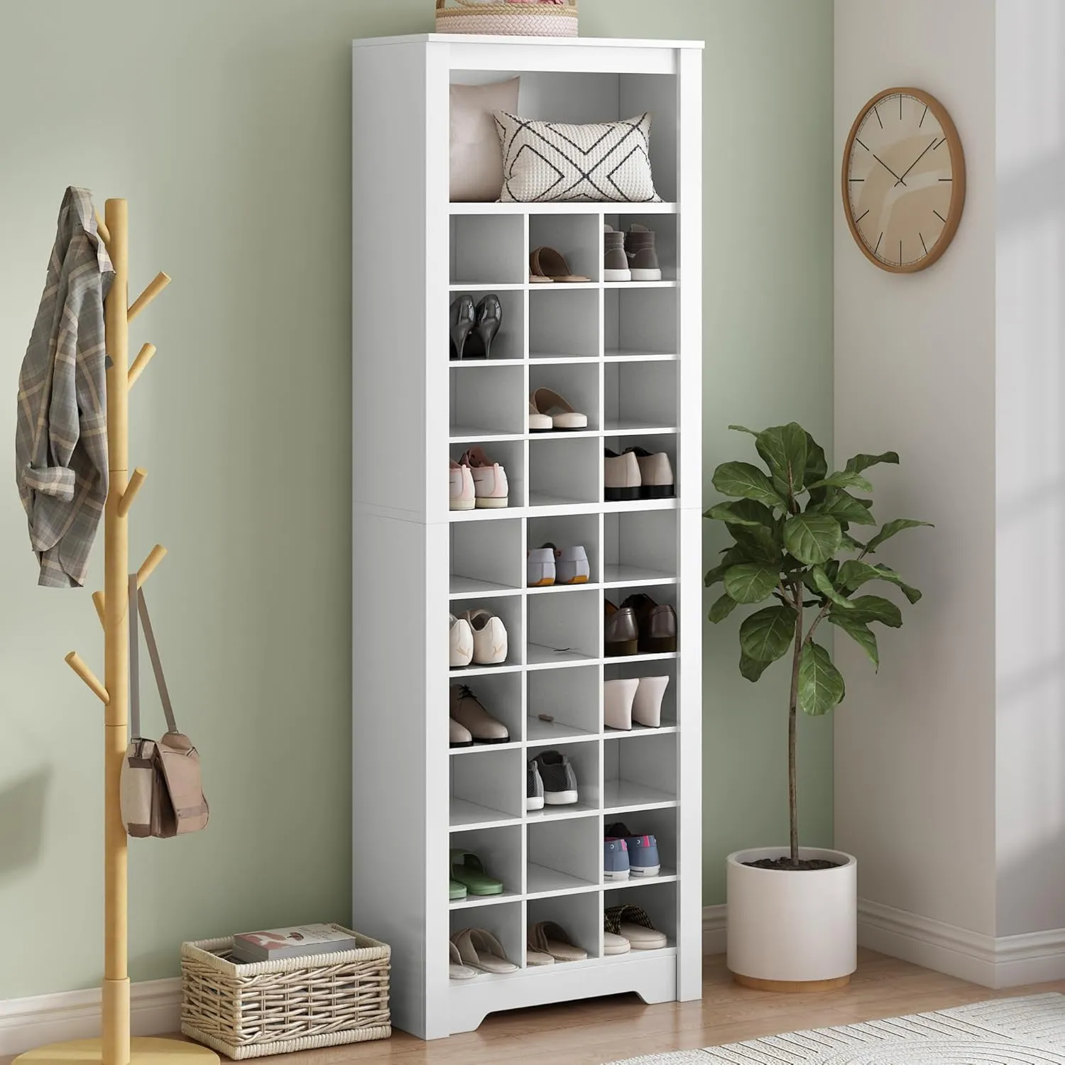 Merax 30 Shoe Cubby Console, Stylish Design Contemporary Free Standing Tall Cabinet with Multiple Storage Capacity and Versatile Use for Hallway, Bedroom, 24.4 inch Length, White