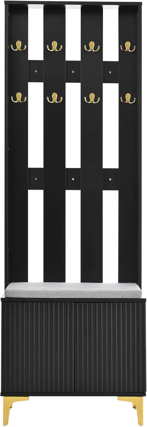 Merax Modern Luxury 3-in-1 Hall Tree with Cushion, Wood Versatile Coat Rack with Adjustable Shelves for Entrance, Hallway Black