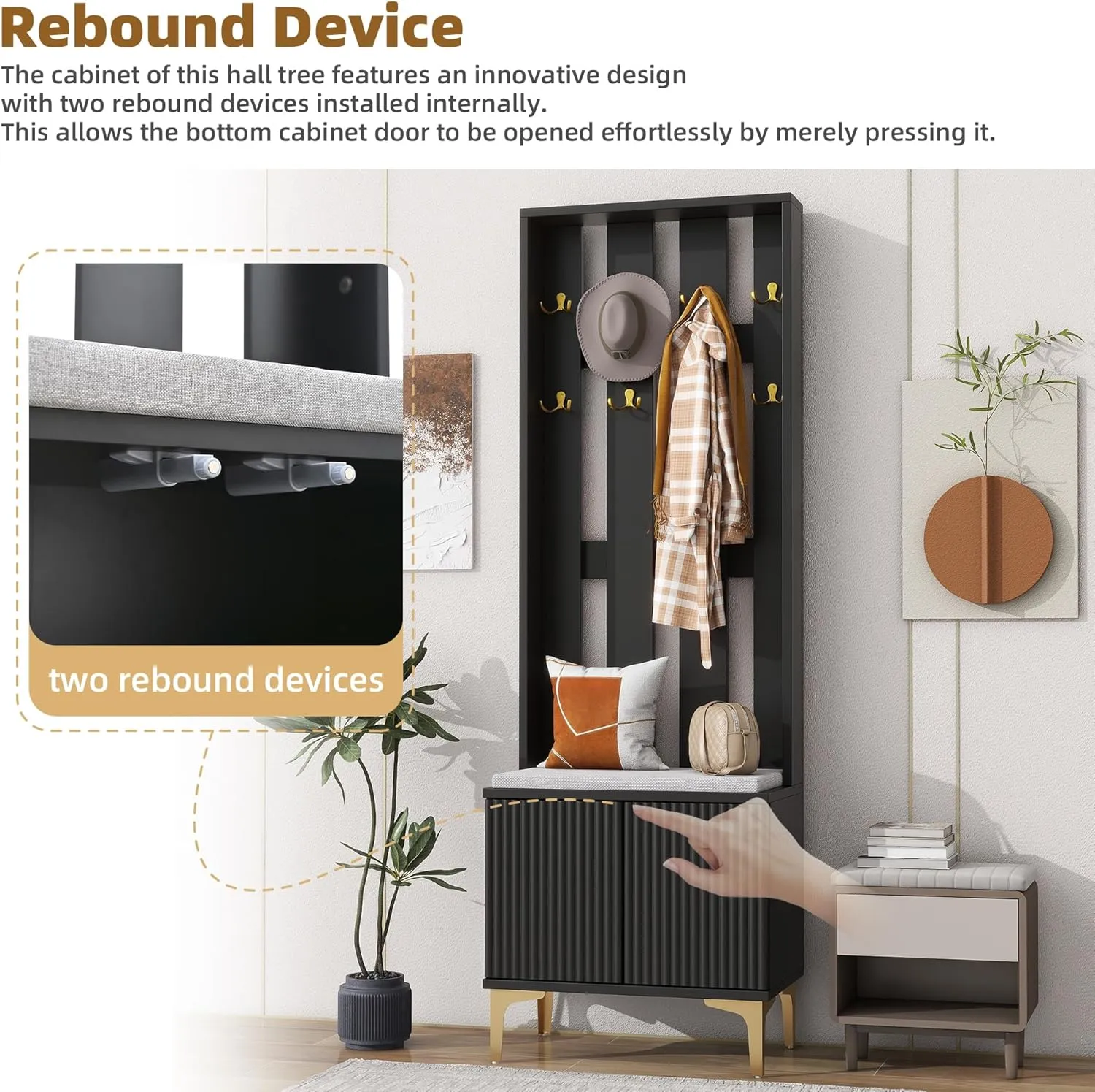 Merax Modern Luxury 3-in-1 Hall Tree with Cushion, Wood Versatile Coat Rack with Adjustable Shelves for Entrance, Hallway Black