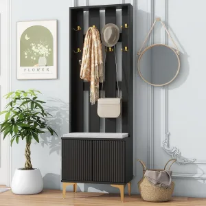 Merax Modern Luxury 3-in-1 Hall Tree with Cushion, Wood Versatile Coat Rack with Adjustable Shelves for Entrance, Hallway Black