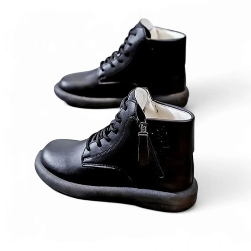 Merendy Fakrek Round toe  Brown Leather Ankle Boots
