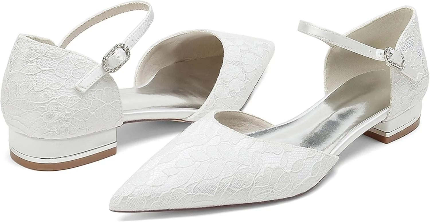 Minishion Dressy Flats for Women for Wedding Lace Pointed Toe Evening Formal Party Pumps Shoes BR274