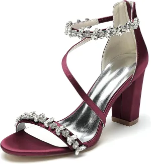 Minishion Womens Sandals Dress Wedding Block Heel Formal Evening Shoes with Rhinestone BR123