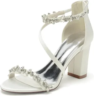 Minishion Womens Sandals Dress Wedding Block Heel Formal Evening Shoes with Rhinestone BR123