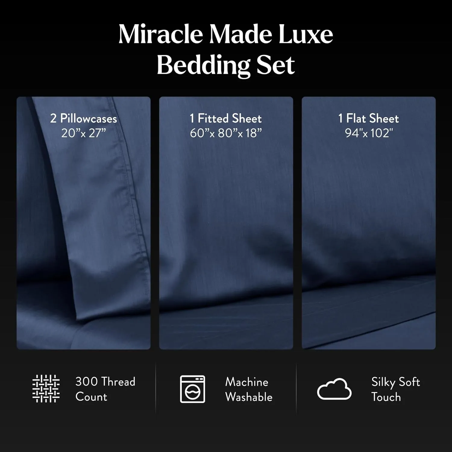 Miracle Made Luxe Cooling Bed Sheet - King Size, Navy - 4 Piece Silver Infused, 300 Thread Count, Thermoregulating, Clean & Cool Fabric for Sensitive Skin