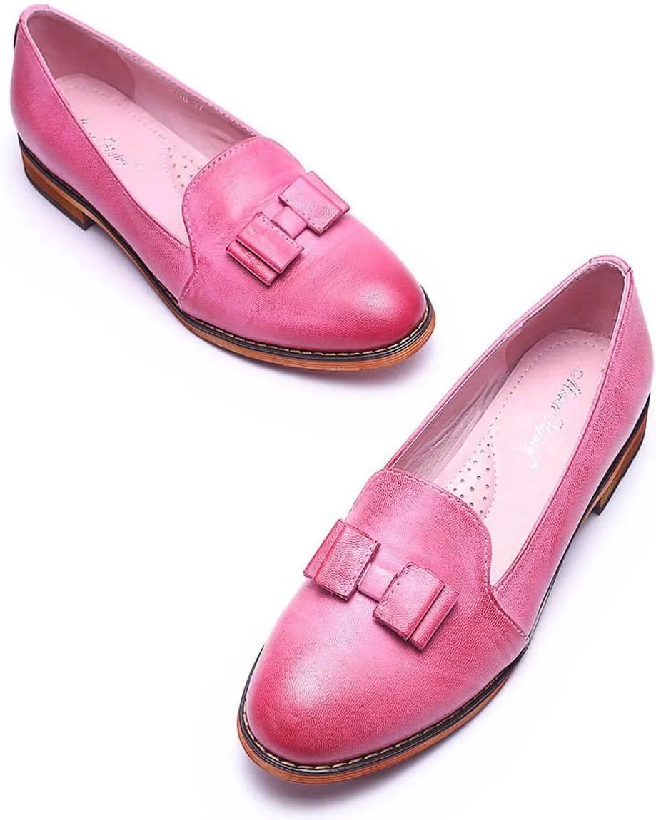 Mona flying Women's Leather Bow Penny Loafer Business Casual Slip on Flat Office Work Shoes for Ladies