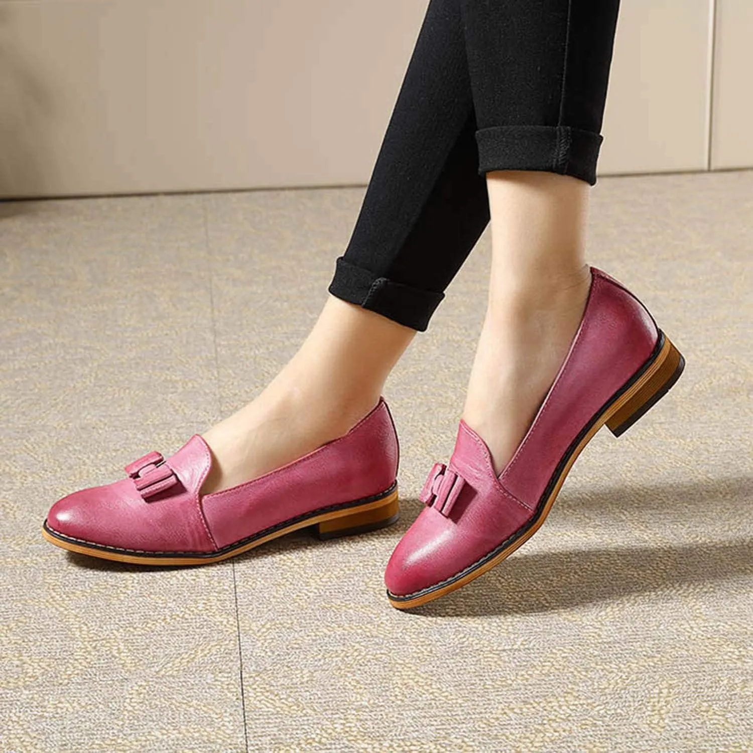 Mona flying Women's Leather Bow Penny Loafer Business Casual Slip on Flat Office Work Shoes for Ladies