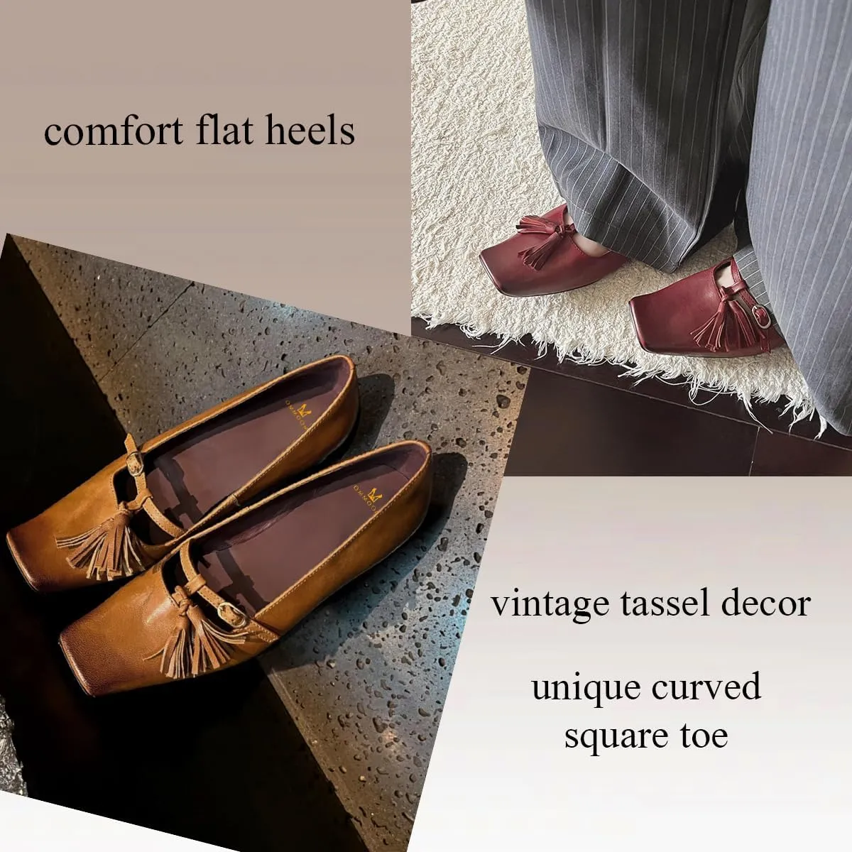 MOOMMO Vintage Mary Jane Flats Tassel Square Toe Low Chunky Heels Fringe T-Strap 1 inch Low Heel Mary Jane Shoes Matte Rocker Sole Retro Walking Loafers Comfy 4-11 M US