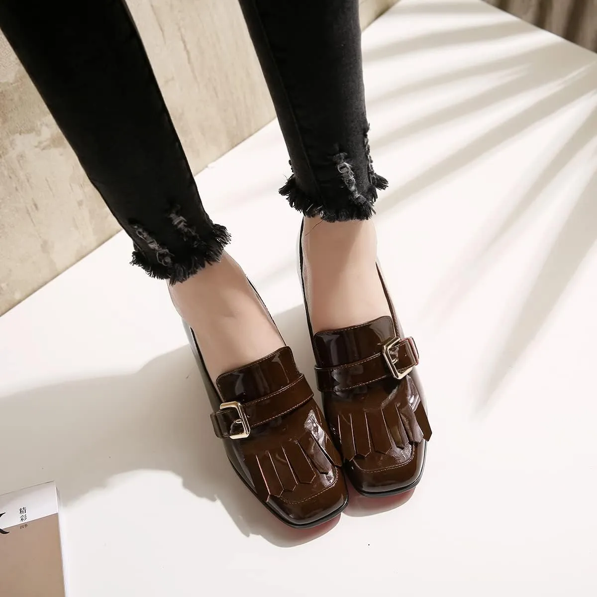 MOOMMO Women Chunky Block Heel Loafers Pumps Square Closed Toe Slip On Dress Shoes Patent Leather Oxford Loafer Shoes Fringe Buckle Tassel Wingtip Office Work Shoe Business Professional 4-11 M US