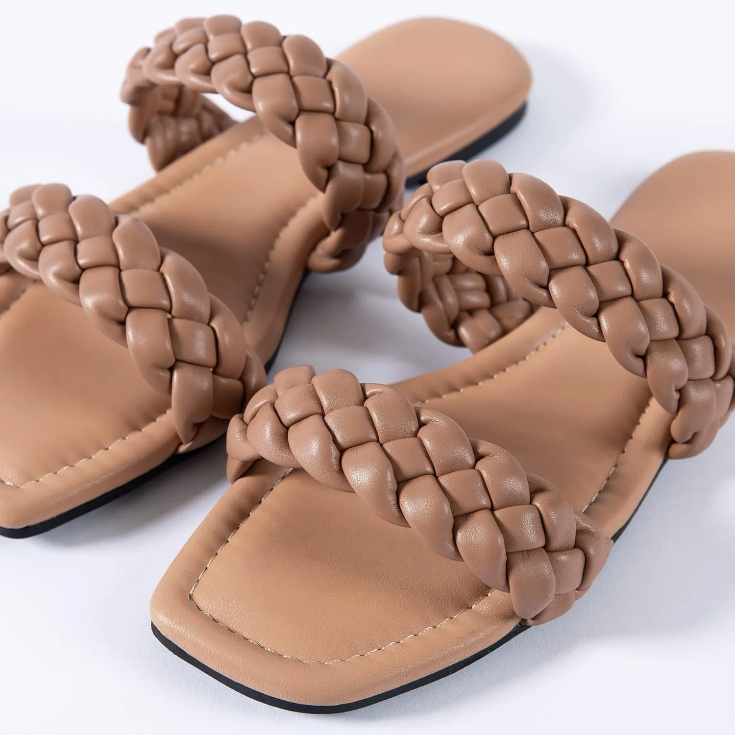 Mtzyoa Women's Sandals Casual Braided Dressy Summer Square Toe Quilted Flat Sandals