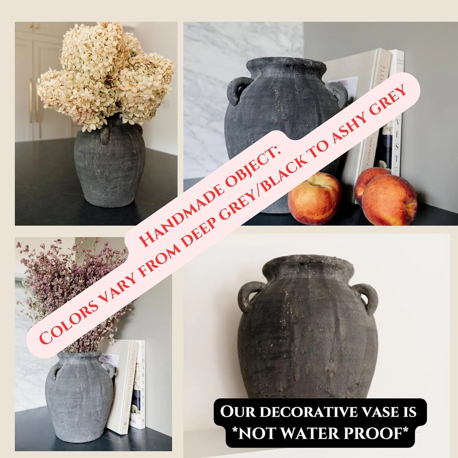 Mulberry Lane Co. Handmade Black Vase - 9.5'' Tall, Black Ceramic Vase, Antique Decor with 3 Ear Design, Wide Mouth, Non-Slip Bottom, Matte Finish for Home Decor, jarrones decorativos para sala