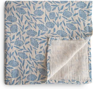mushie Muslin Baby Swaddle Blanket | 100% Organic Cotton (Blue Flowers)