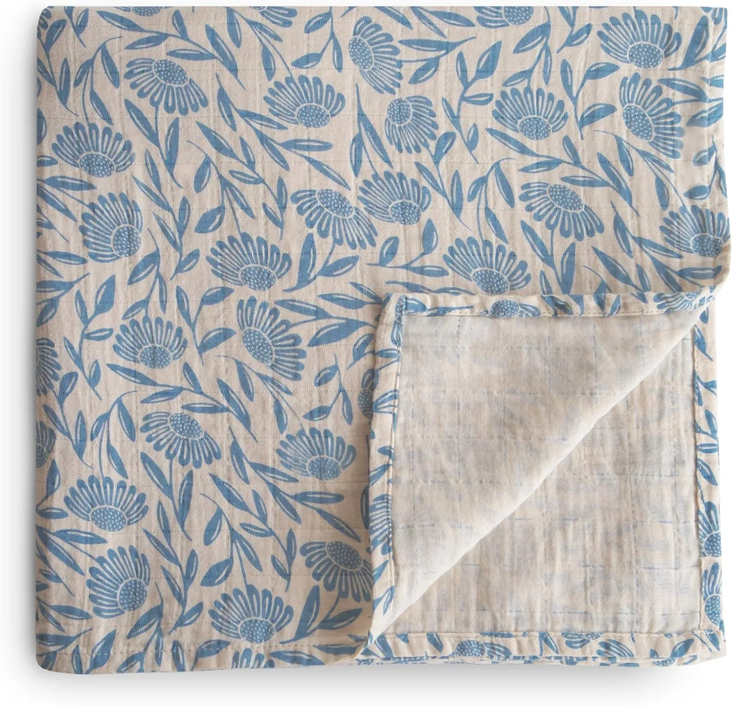 mushie Muslin Baby Swaddle Blanket | 100% Organic Cotton (Blue Flowers)