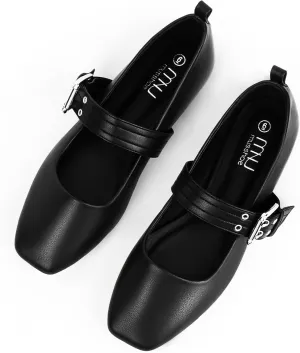 MUSSHOE Womens Ballet Mary Jane Flats Shoes Adjustable Strap Comfortable Square Closed Toe Versatile Chic Footwear with Latex Insole