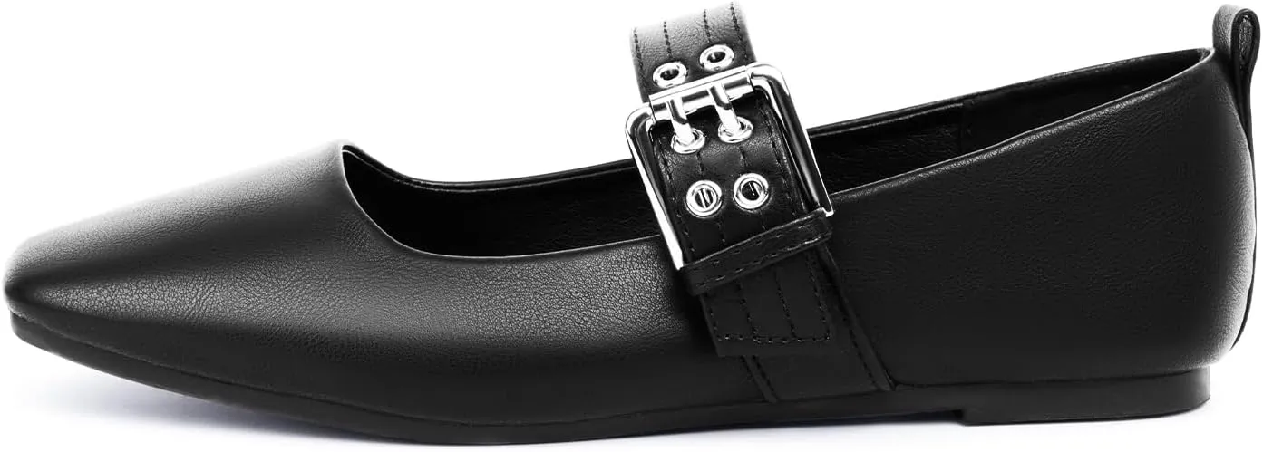 MUSSHOE Womens Ballet Mary Jane Flats Shoes Adjustable Strap Comfortable Square Closed Toe Versatile Chic Footwear with Latex Insole