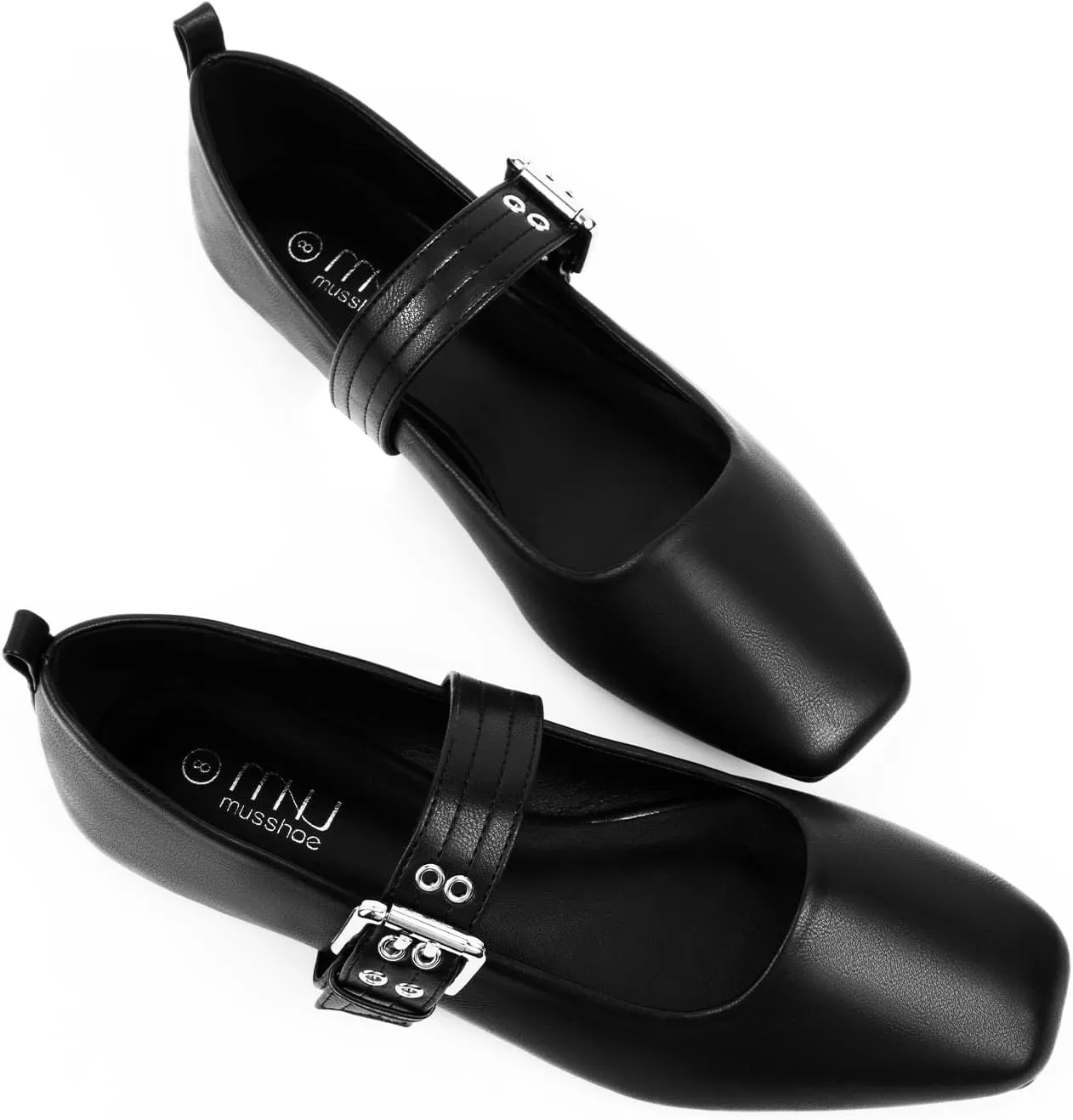 MUSSHOE Womens Ballet Mary Jane Flats Shoes Adjustable Strap Comfortable Square Closed Toe Versatile Chic Footwear with Latex Insole