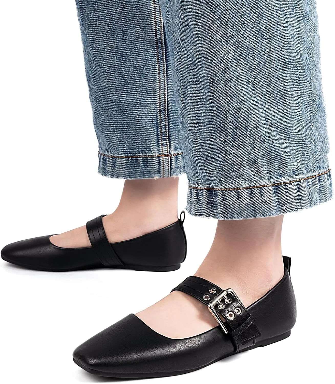 MUSSHOE Womens Ballet Mary Jane Flats Shoes Adjustable Strap Comfortable Square Closed Toe Versatile Chic Footwear with Latex Insole