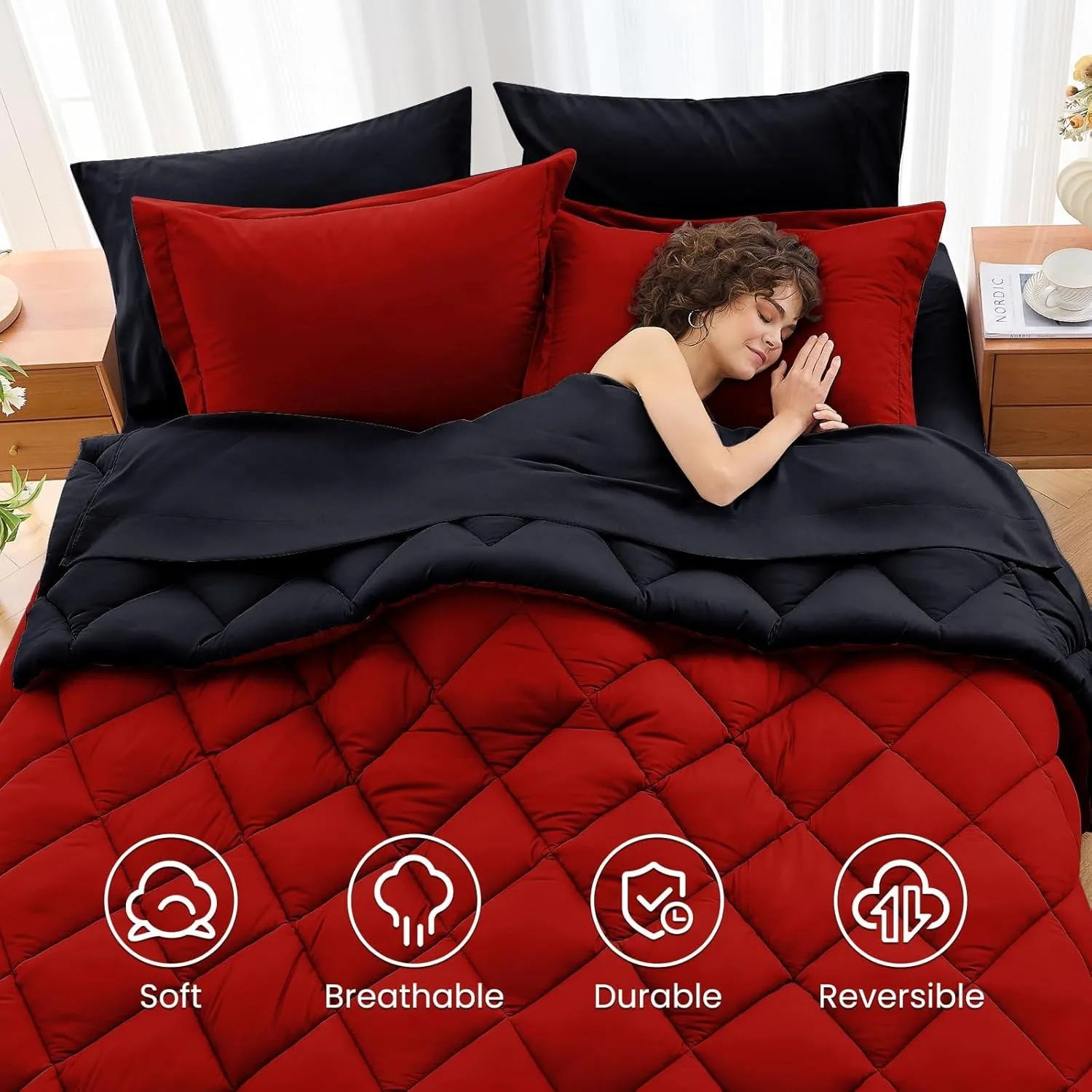 MUXHOMO 5 Pieces Twin Comforter Set, Reversible Bed in a Bag Twin Size, All Season Bedding Set with Comforter, Flat Sheet, Fitted Sheet, Pillowcases & Shams, Red & Black
