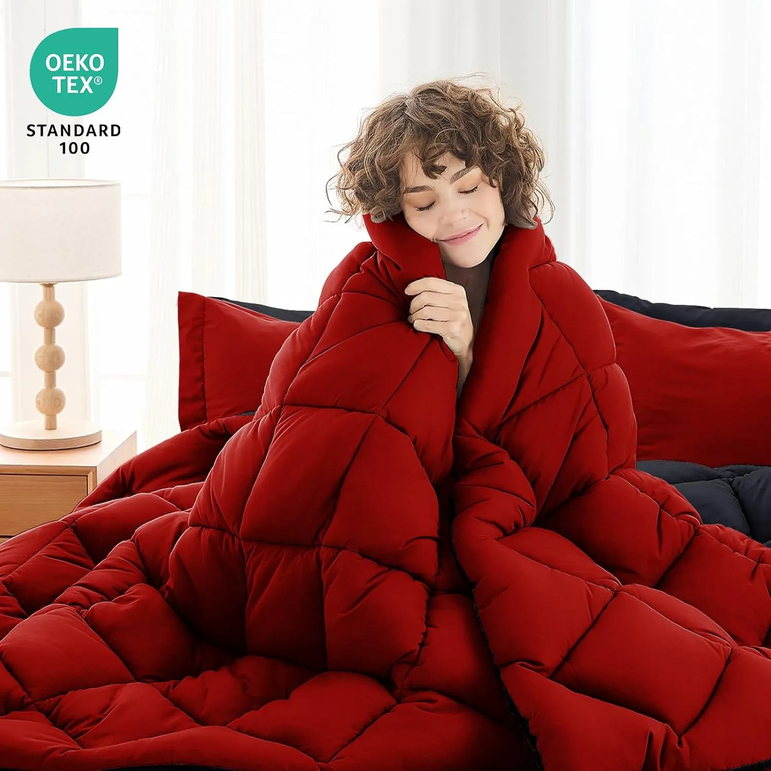 MUXHOMO 5 Pieces Twin Comforter Set, Reversible Bed in a Bag Twin Size, All Season Bedding Set with Comforter, Flat Sheet, Fitted Sheet, Pillowcases & Shams, Red & Black