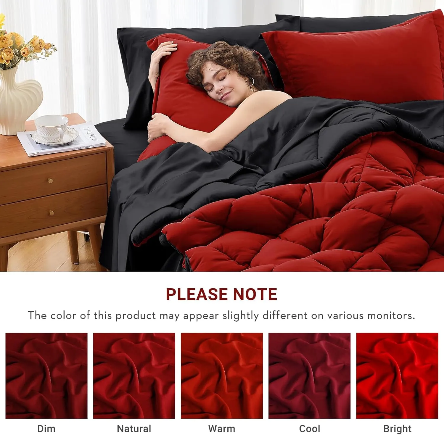 MUXHOMO 5 Pieces Twin Comforter Set, Reversible Bed in a Bag Twin Size, All Season Bedding Set with Comforter, Flat Sheet, Fitted Sheet, Pillowcases & Shams, Red & Black