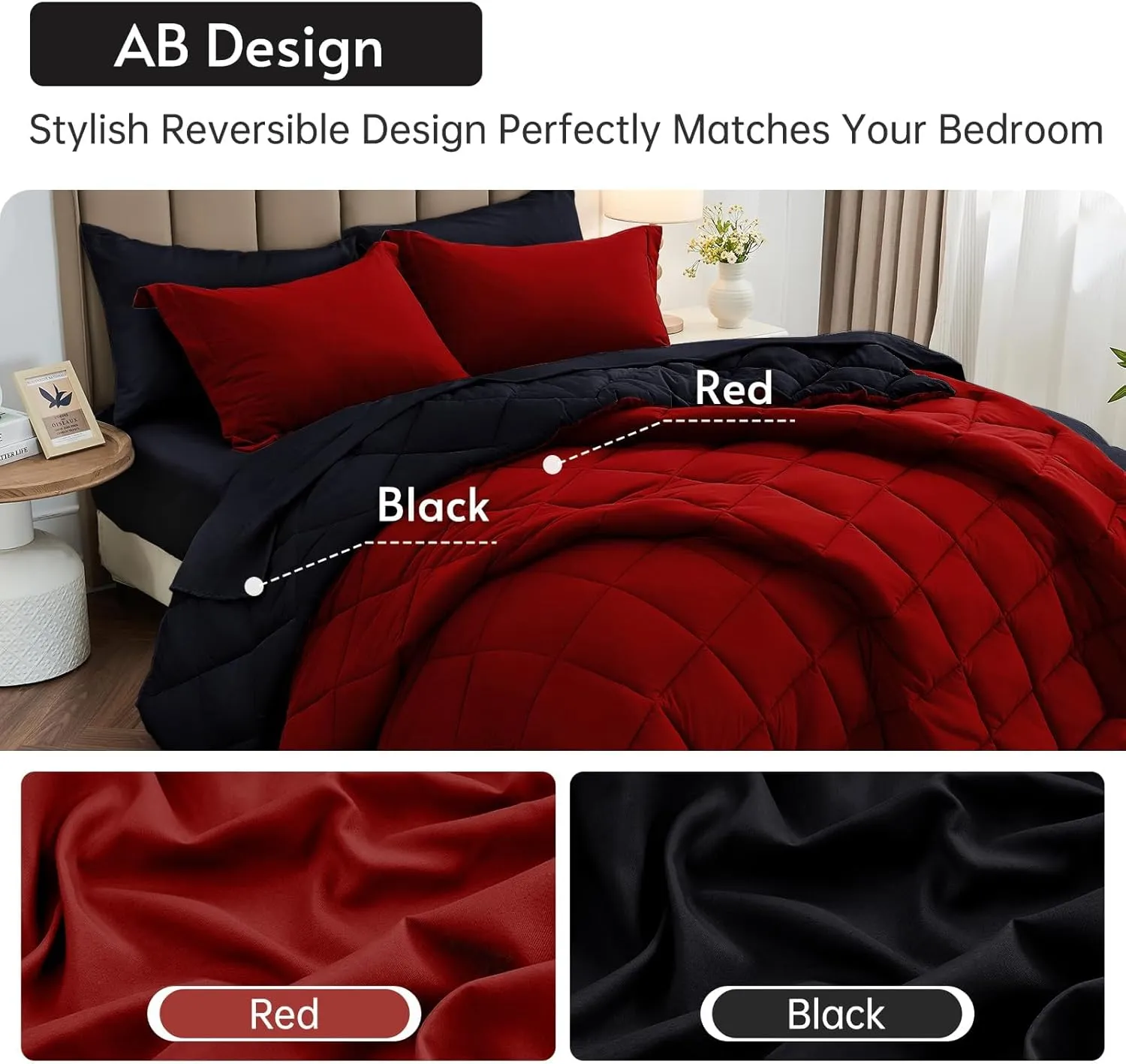 MUXHOMO 5 Pieces Twin Comforter Set, Reversible Bed in a Bag Twin Size, All Season Bedding Set with Comforter, Flat Sheet, Fitted Sheet, Pillowcases & Shams, Red & Black